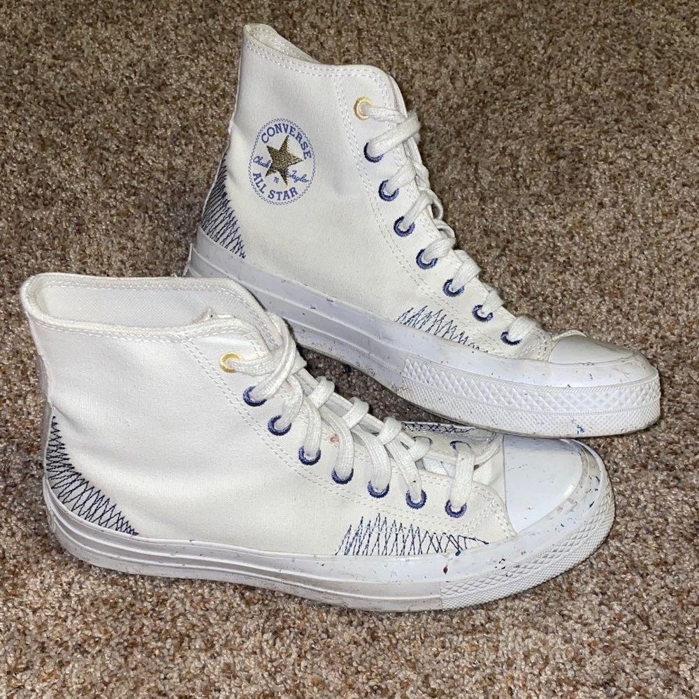 Converse White High-Tops with Blue and Yellow Details